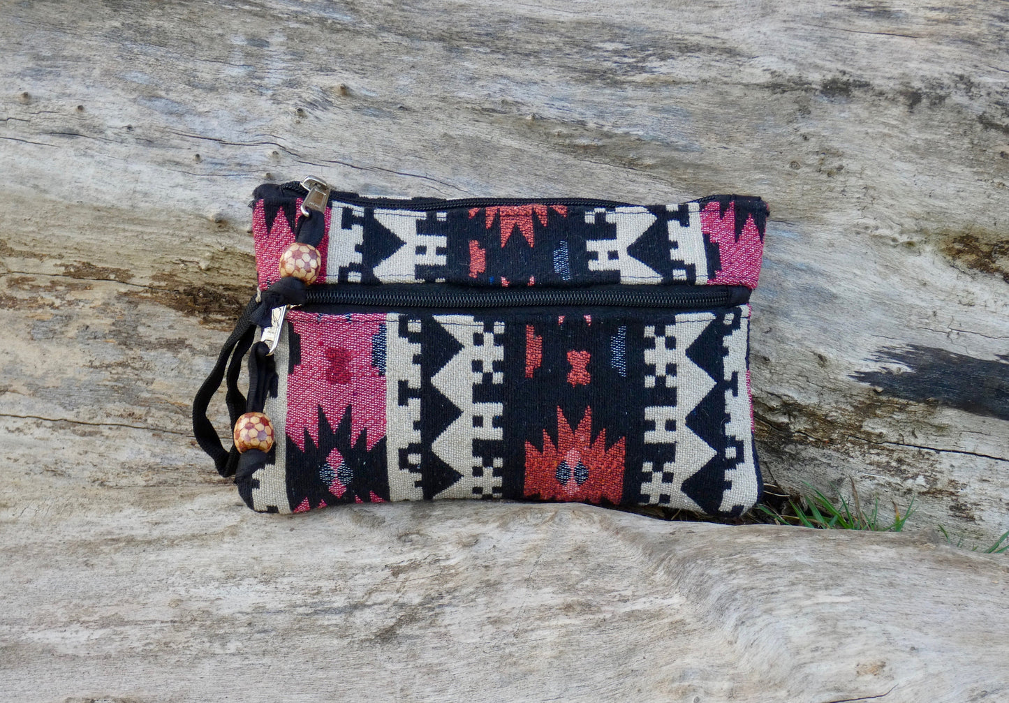 Upcycled Woven Cotton Jacquard Purse - Black and Coral