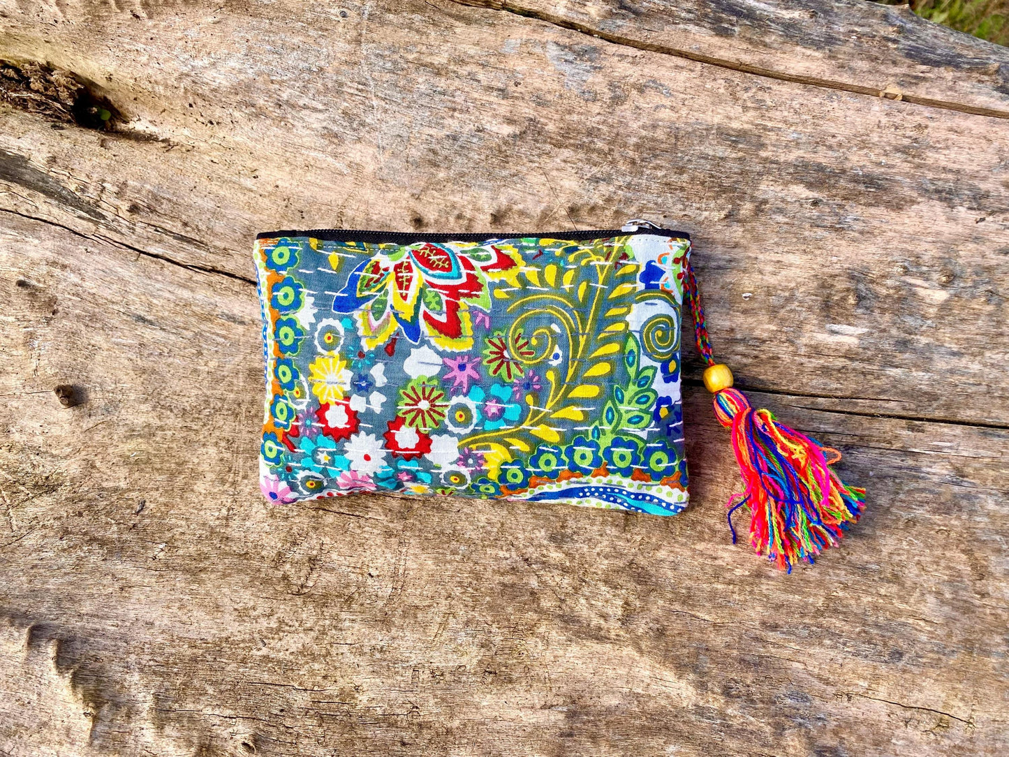 Handmade Cotton Kantha Purse - Grey