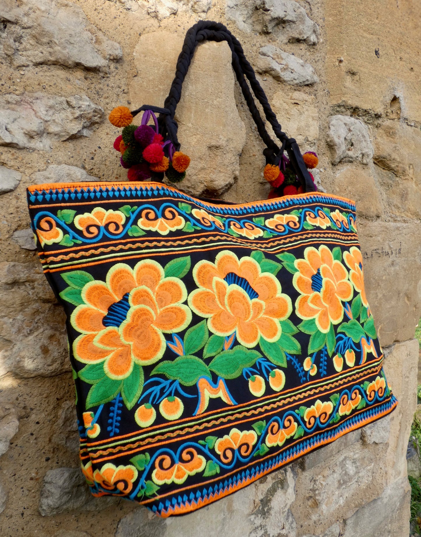 Orange Floral Embroidered Hmong Tote Bag