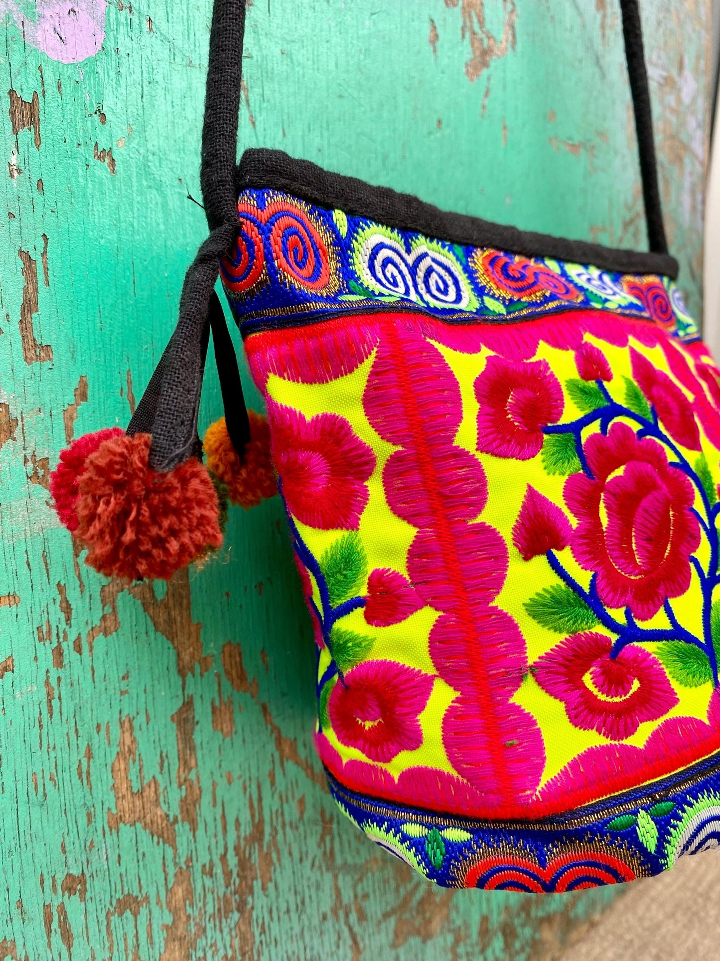 Pink Floral Embroidered Thai Crossbody Bag