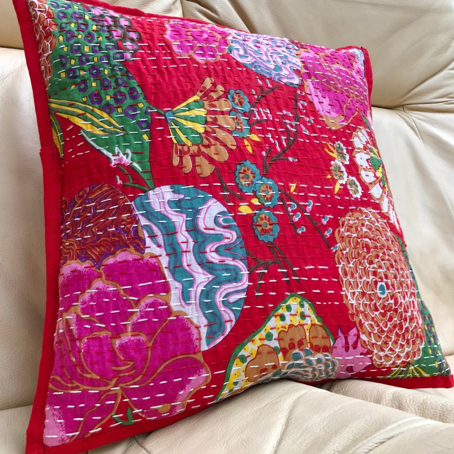 Red Floral Kantha Cushion Cover