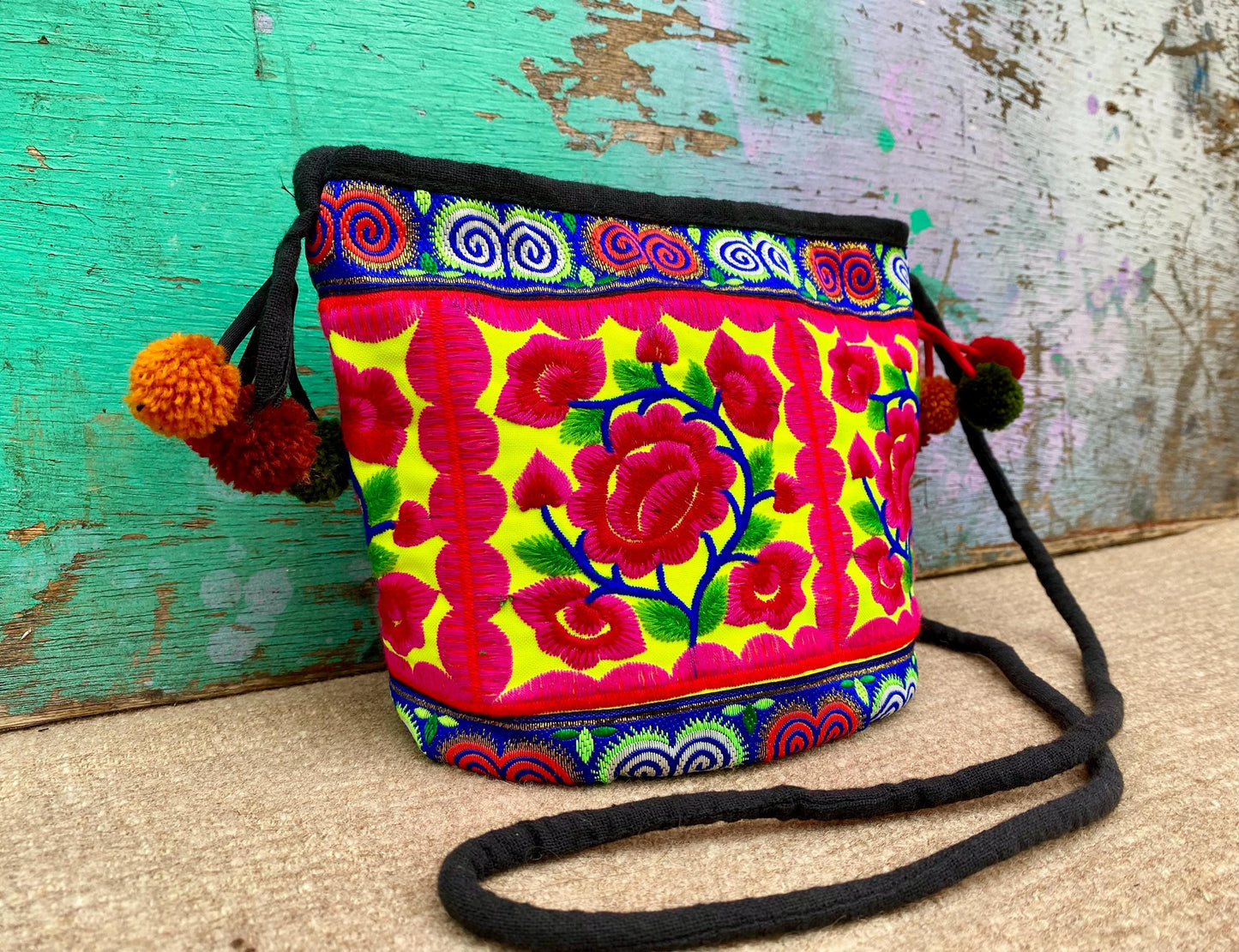 Pink Floral Embroidered Thai Crossbody Bag