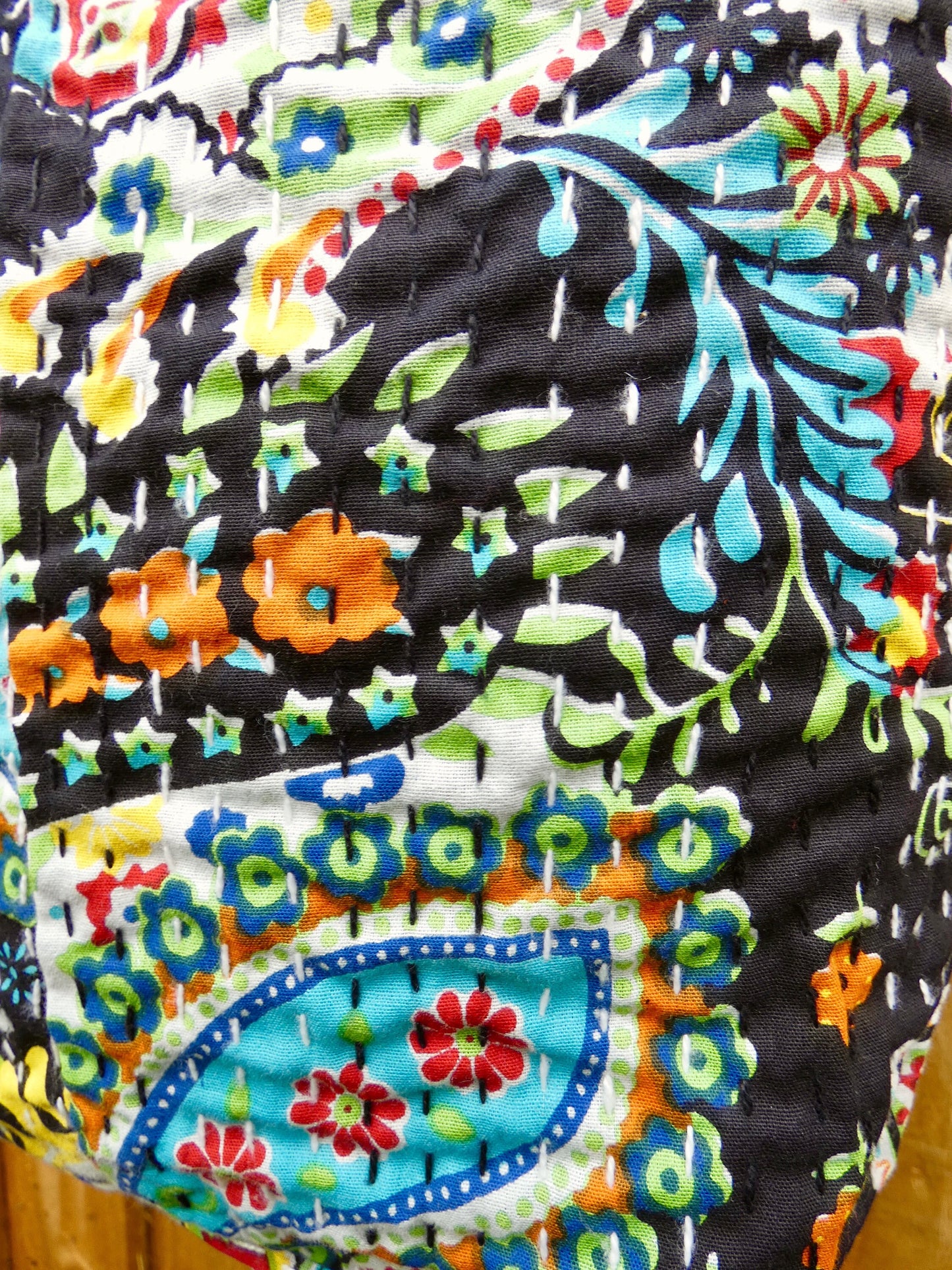 Black and Bright Indian Kantha Bucket Bag