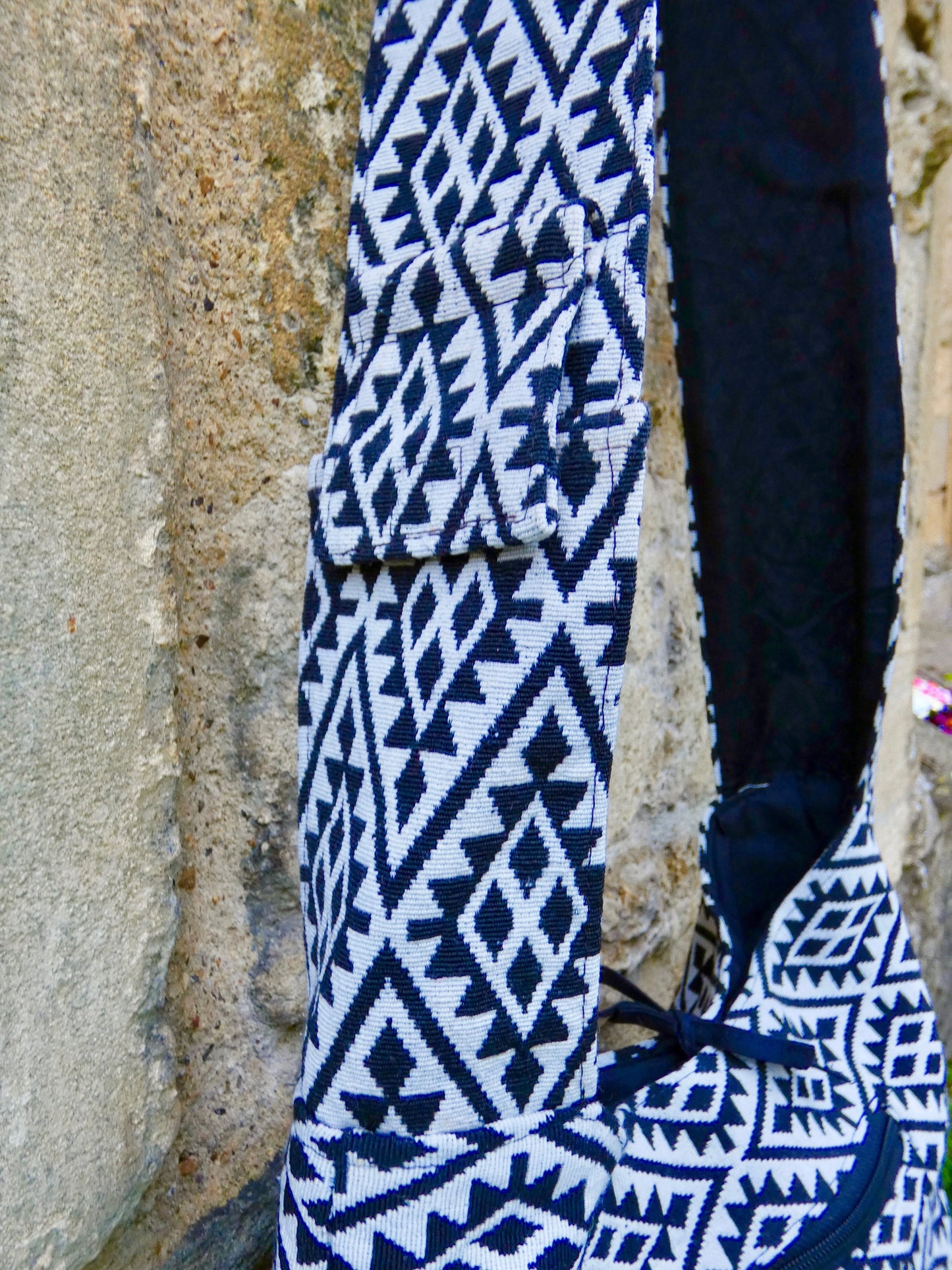 Blue Geometric Woven Cotton Bucket Bag