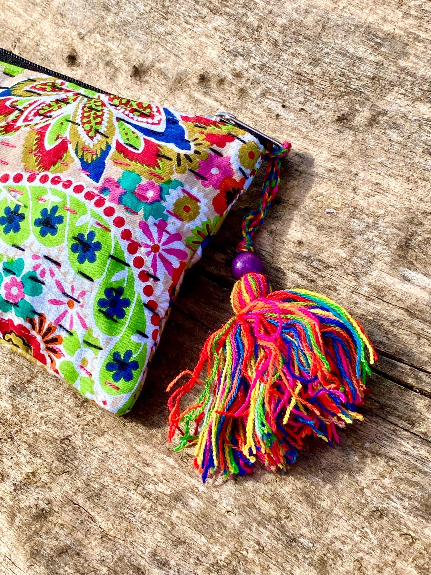 Handmade Cotton Kantha Purse - Beige