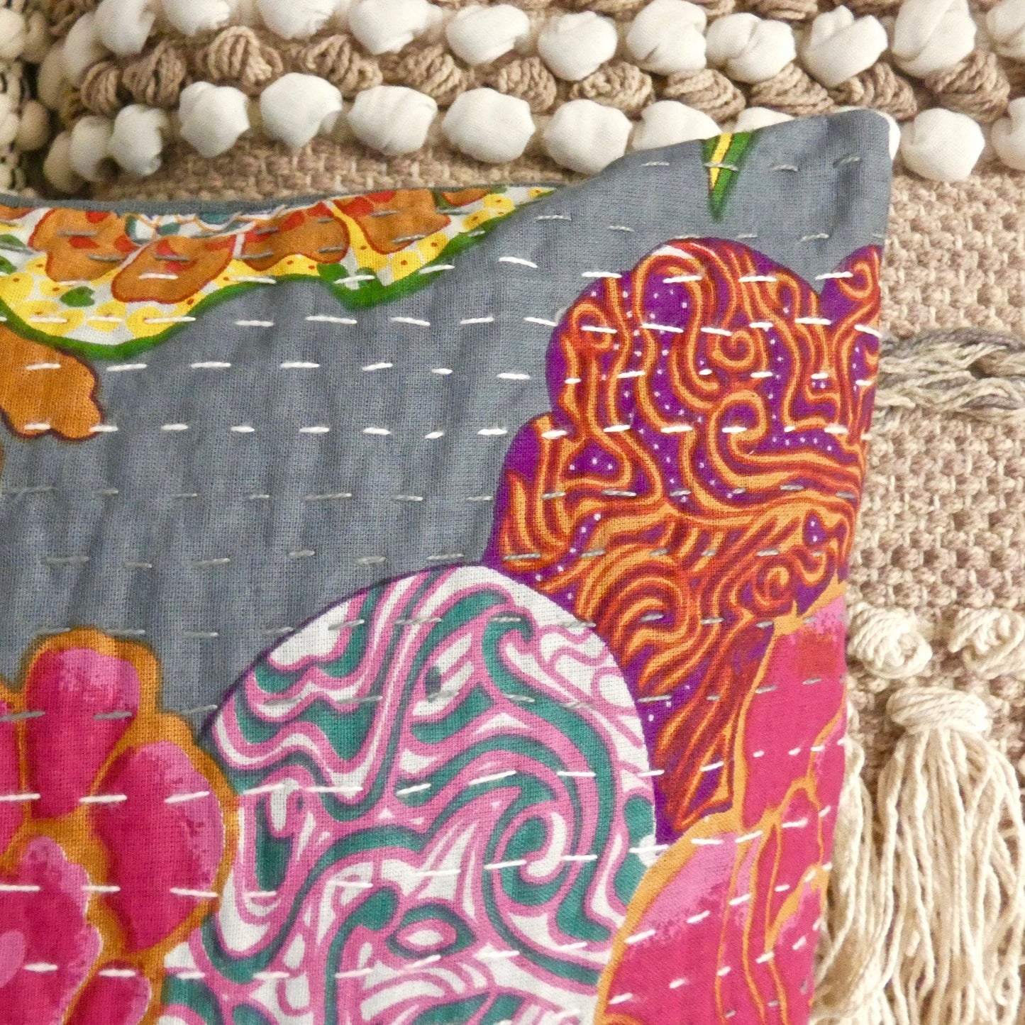 Grey Floral Kantha Cushion Cover