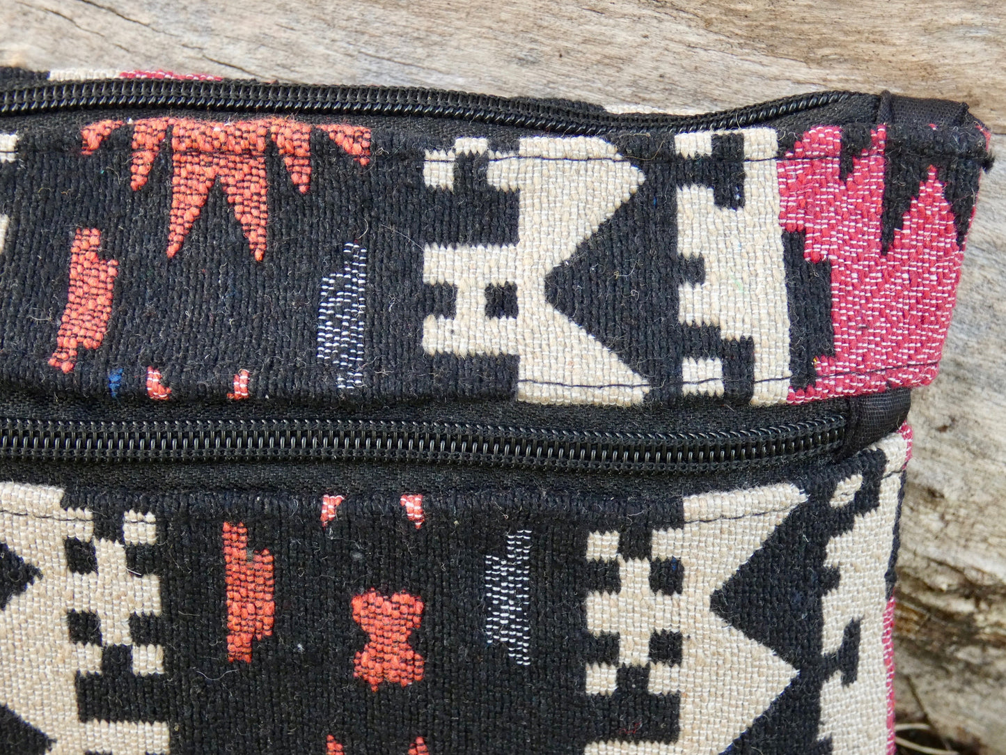 Upcycled Woven Cotton Jacquard Purse - Black and Coral