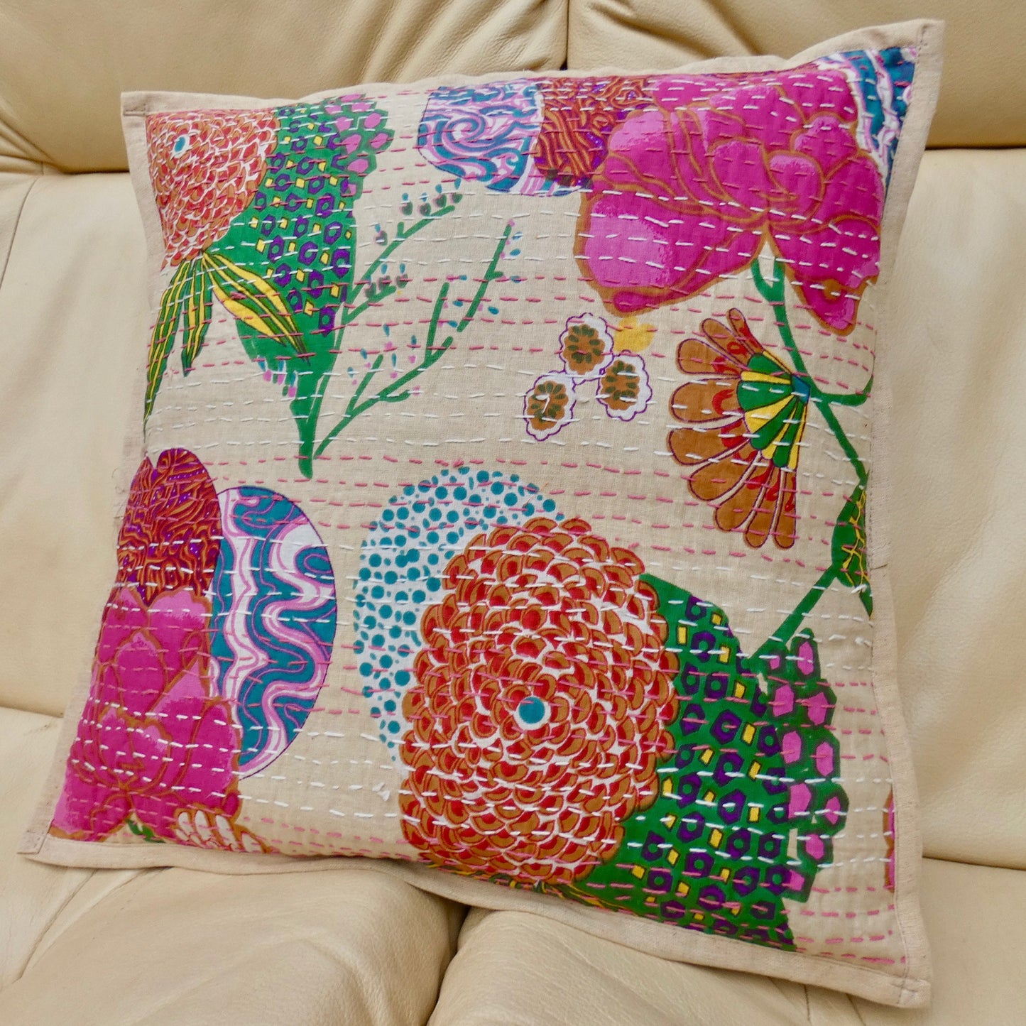 Beige Floral Kantha Cushion Cover
