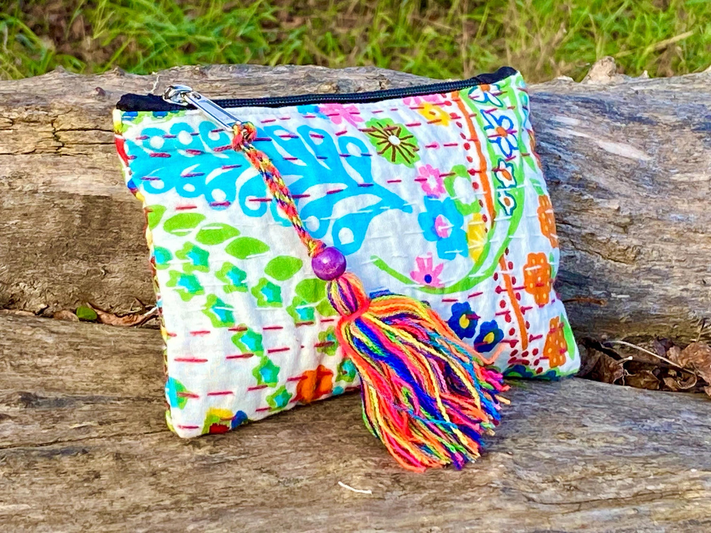 Handmade Cotton Kantha Purse - White