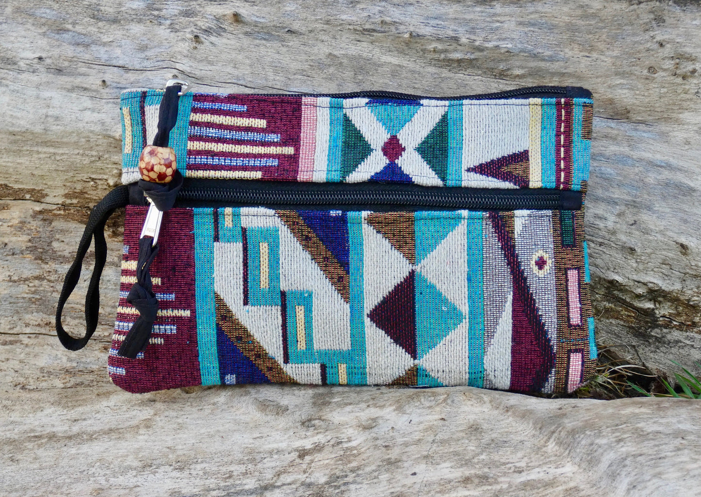 Upcycled Woven Cotton Jacquard Purse - Teal and Burgandy