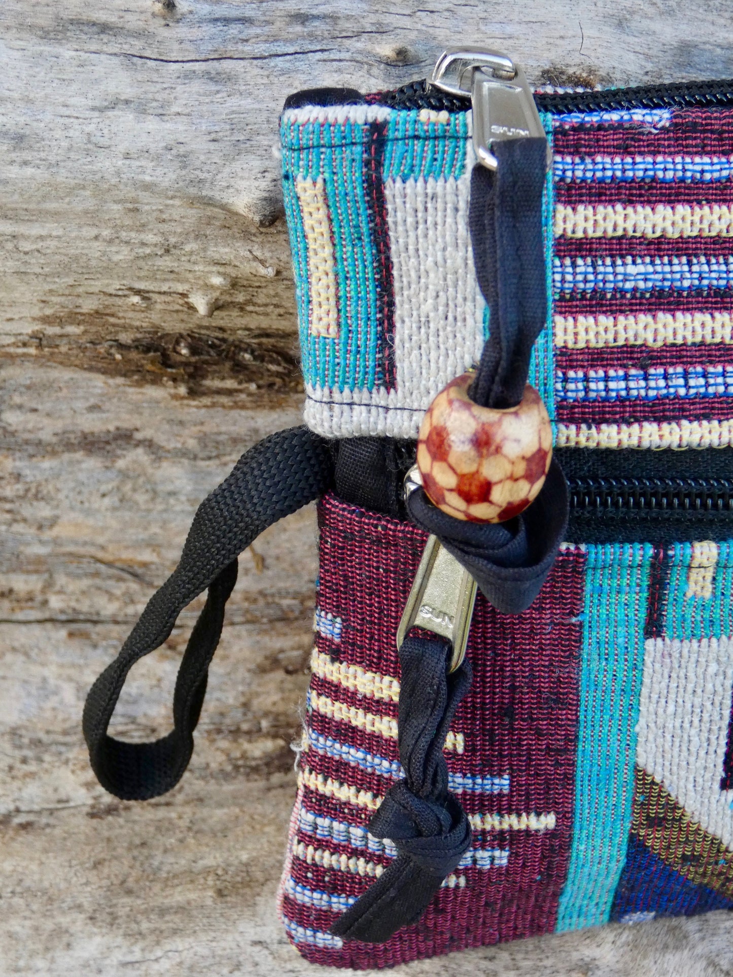 Upcycled Woven Cotton Jacquard Purse - Teal and Burgandy