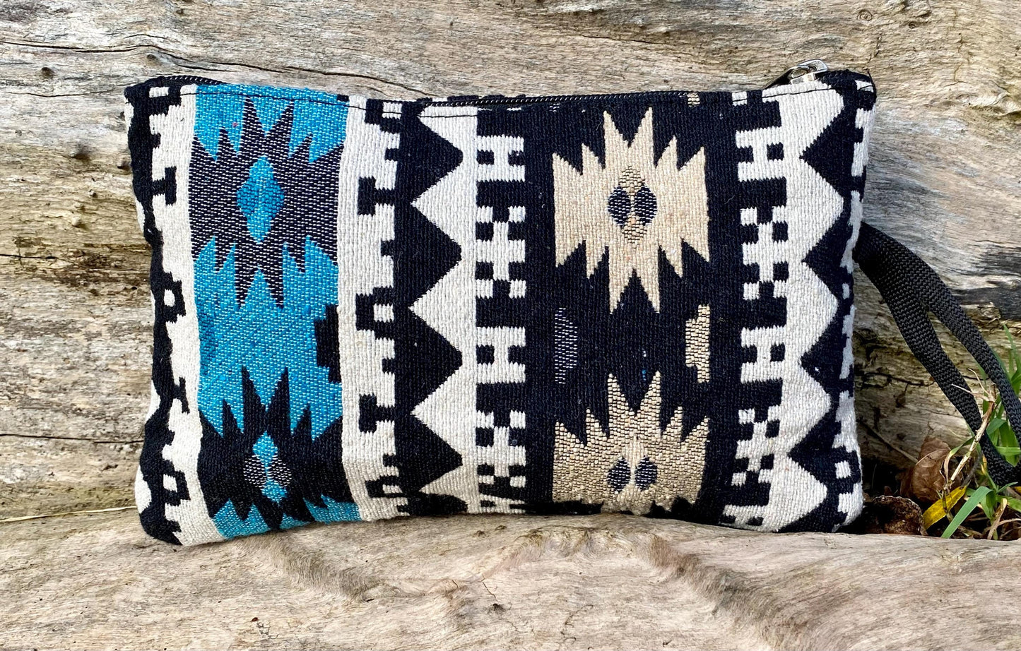 Upcycled Woven Cotton Jacquard Purse - Blue and Black