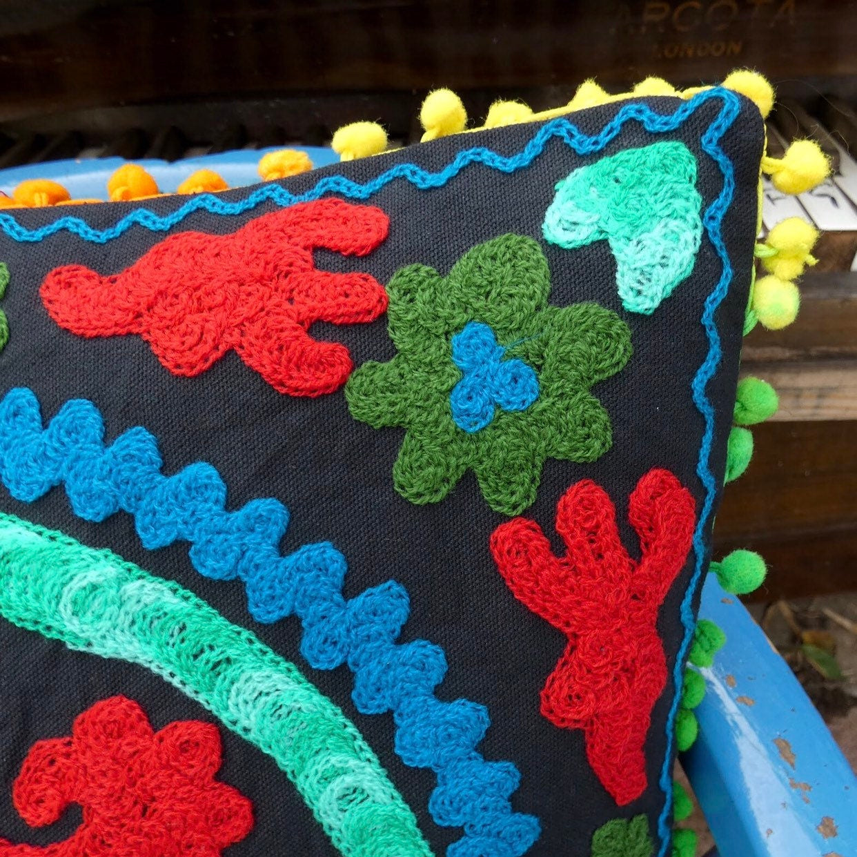 Black Suzani Embroidered Pom Pom Cushion Cover