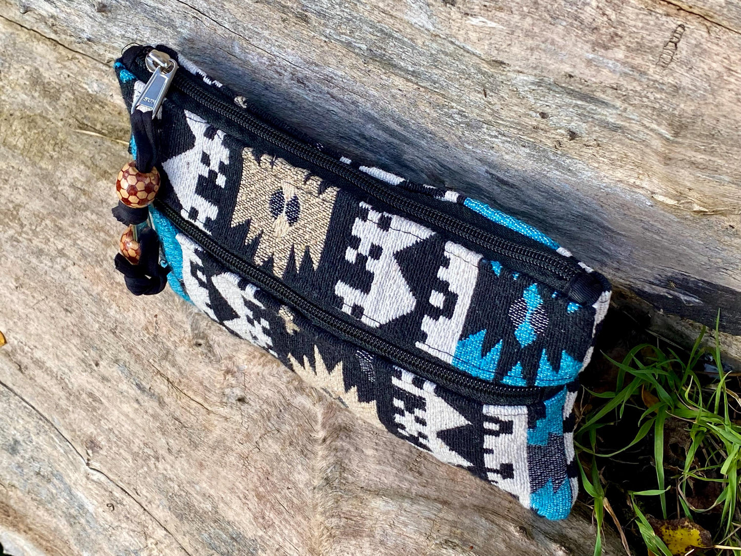 Upcycled Woven Cotton Jacquard Purse - Blue and Black