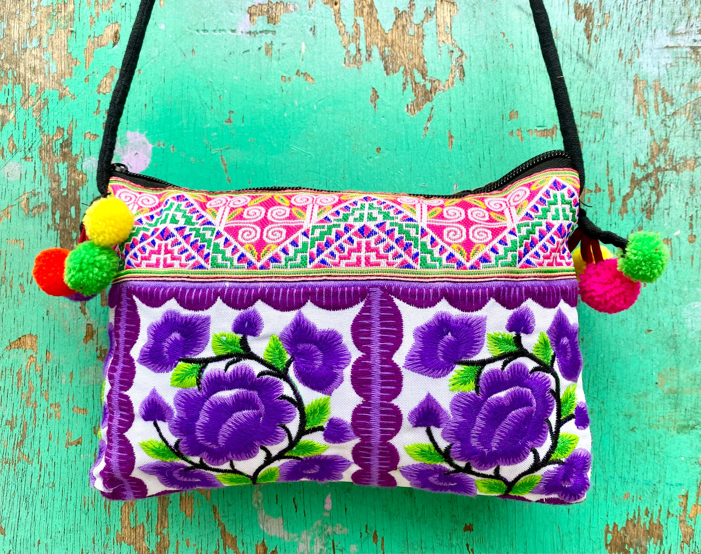 Purple Floral Hmong Embroidered Small Crossbody Bag