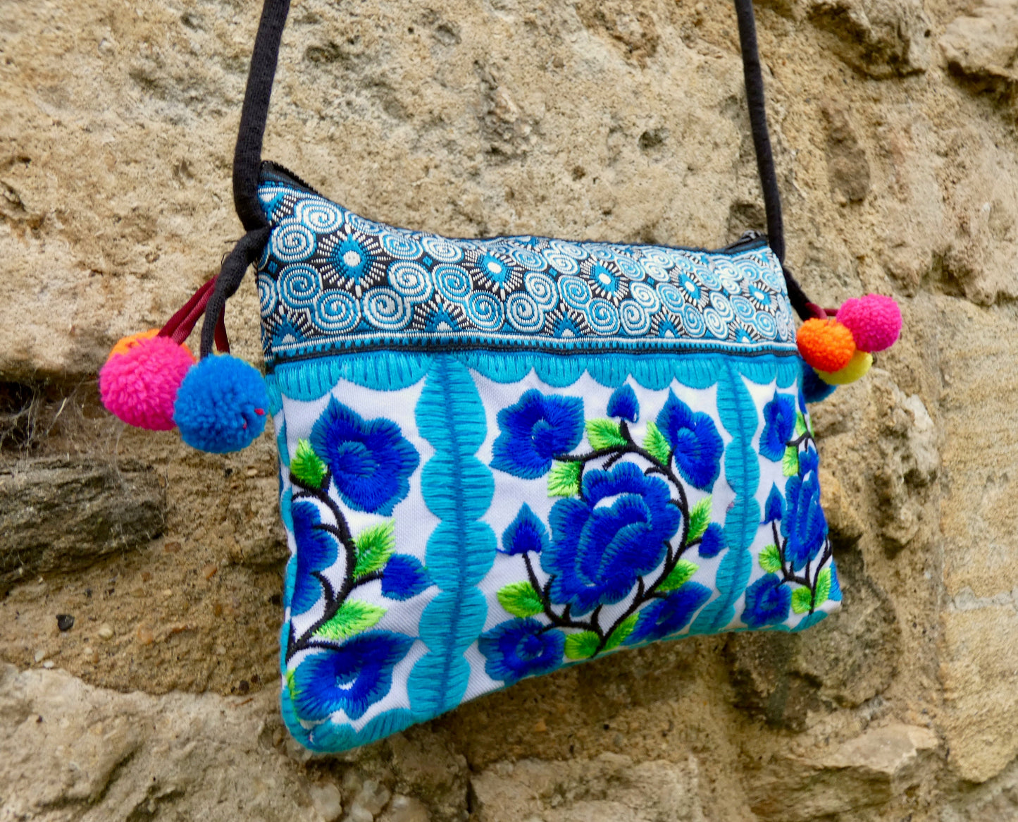 Blue Floral Embroidered Small Crossbody Thai Bag