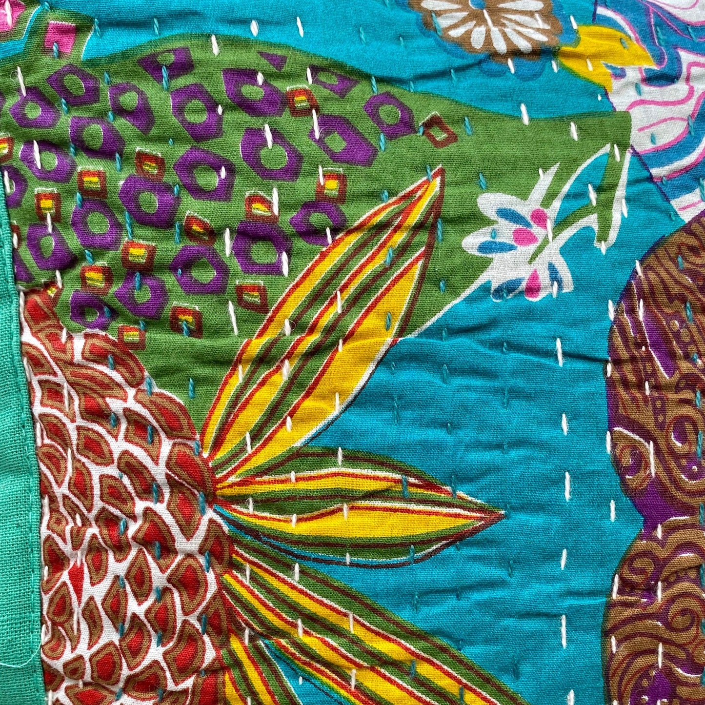 Turquoise Floral Kantha Cushion Cover