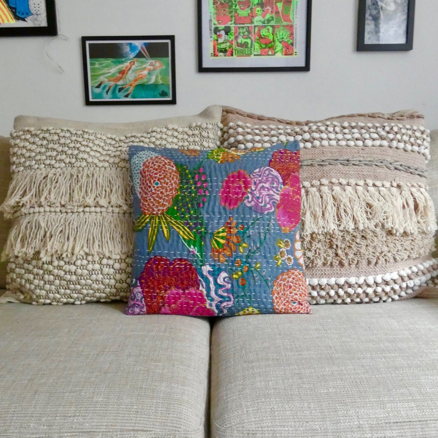 Grey Floral Kantha Cushion Cover