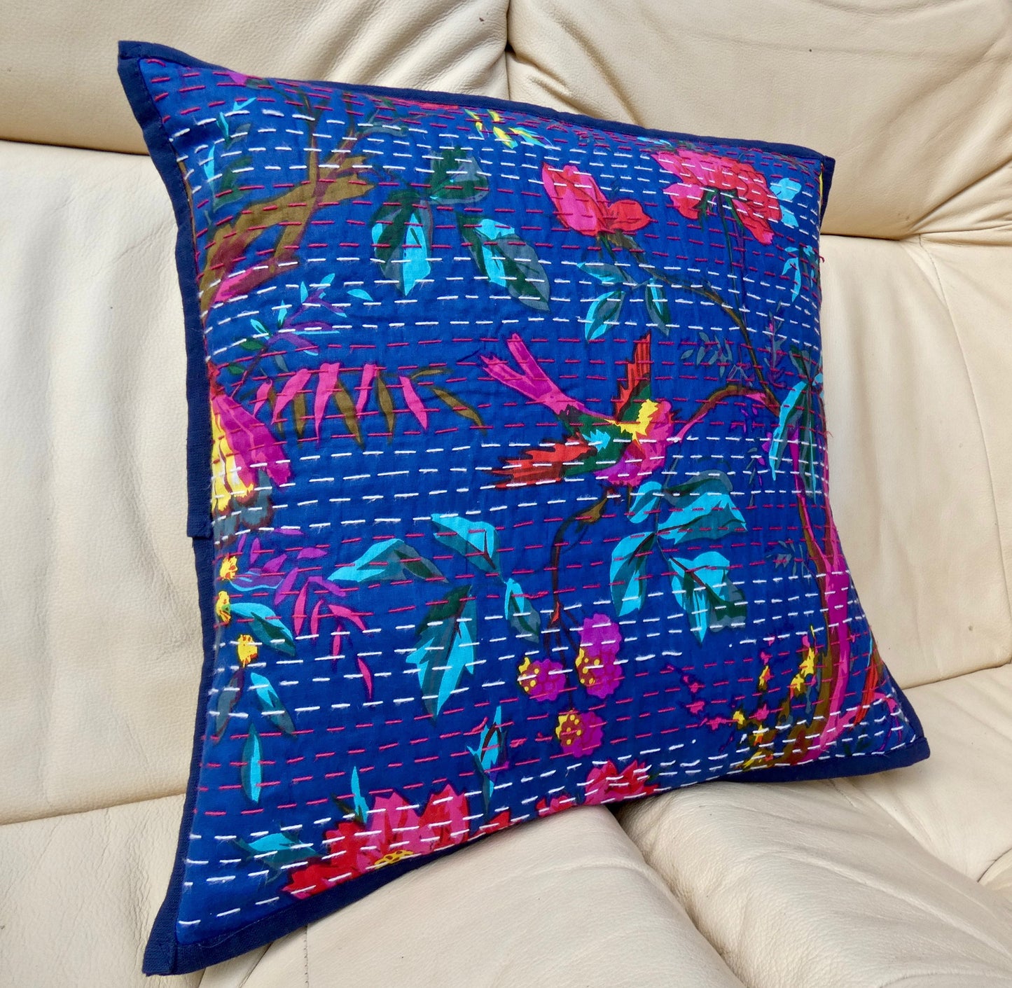 Blue Floral Kantha Cushion Cover