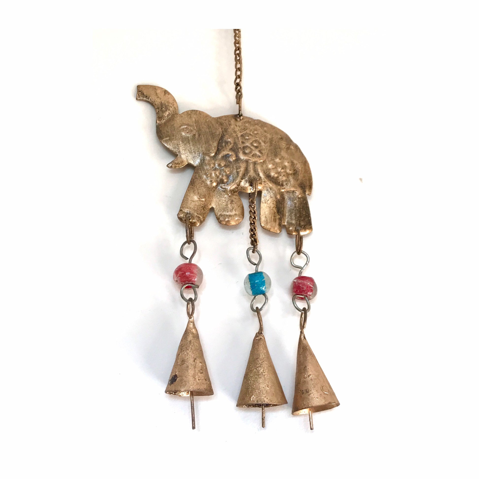 A handcrafted brass elephant wind chime with beads and bells, suitable for indoor and outdoor use.