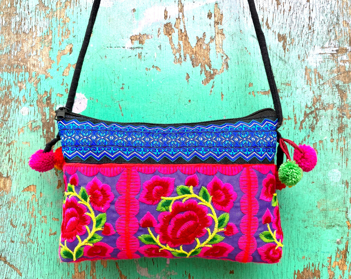 Pink Floral Hmong Embroidered Small Crossbody Bag