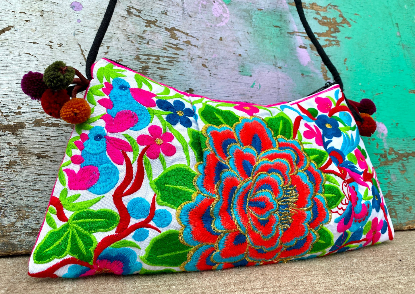 Red Floral Embroidered Crossbody Thai Sling Bag