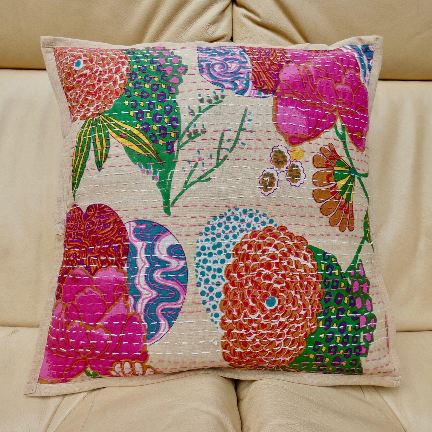 Beige Floral Kantha Cushion Cover