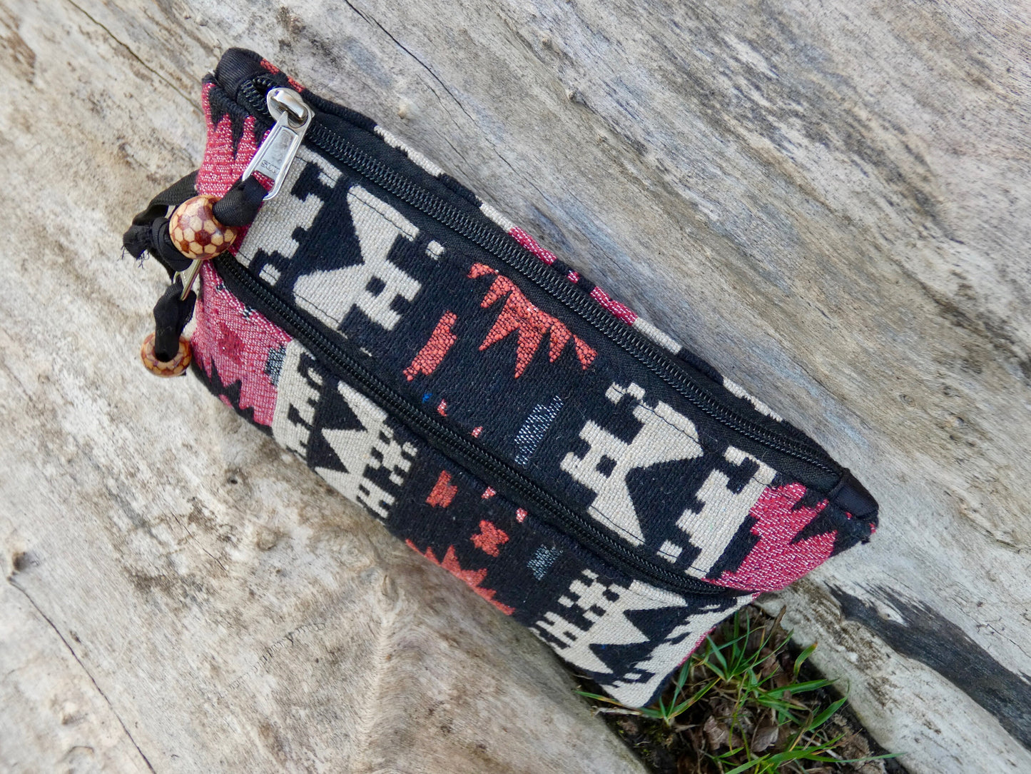 Upcycled Woven Cotton Jacquard Purse - Black and Coral