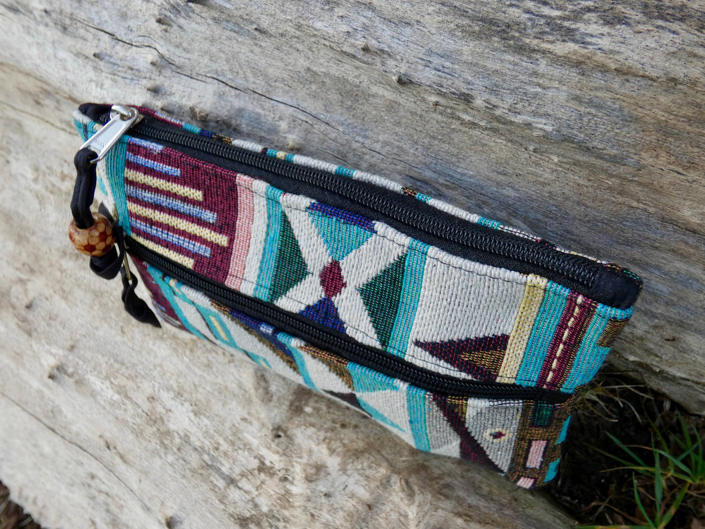 Upcycled Woven Cotton Jacquard Purse - Teal and Burgandy