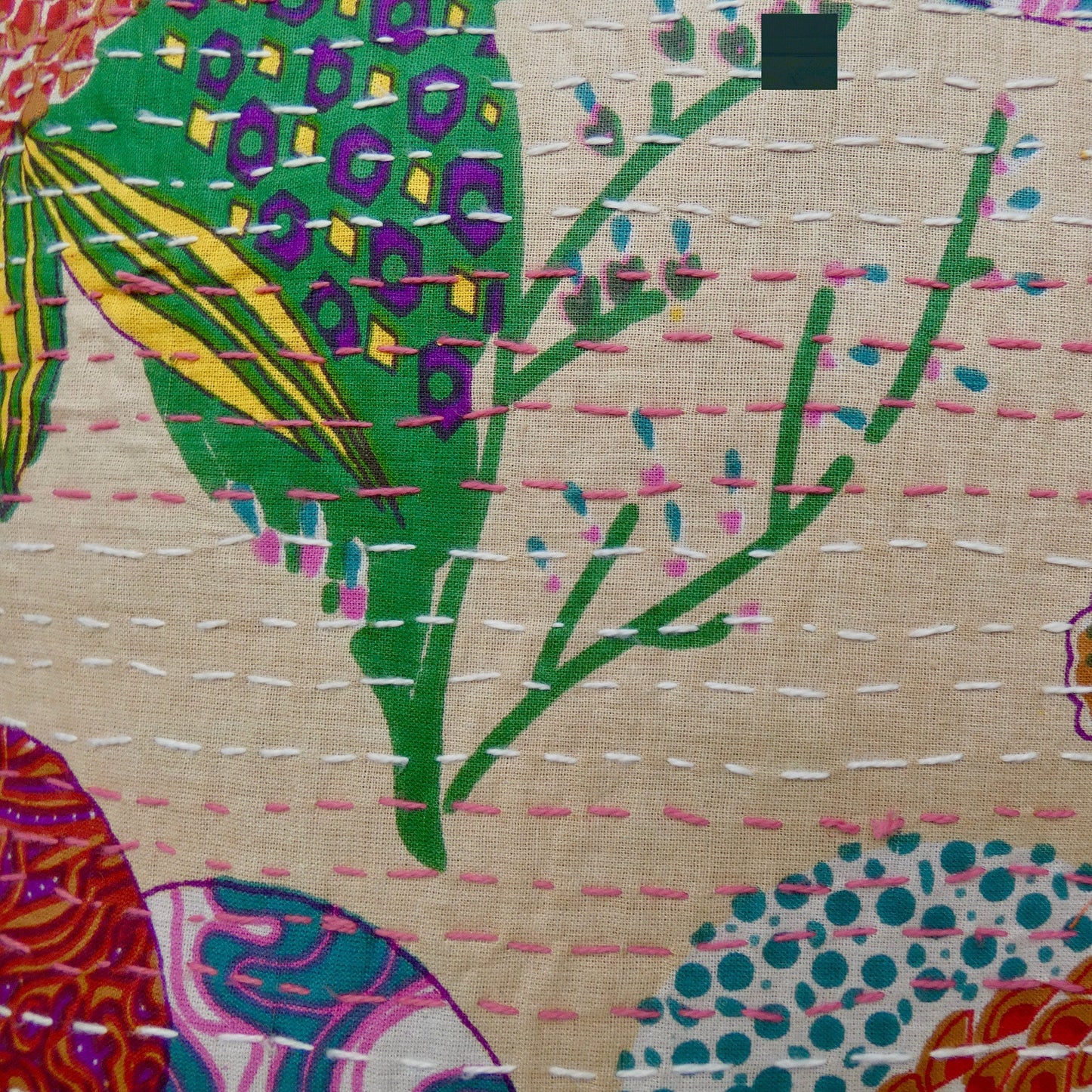 Beige Floral Kantha Cushion Cover