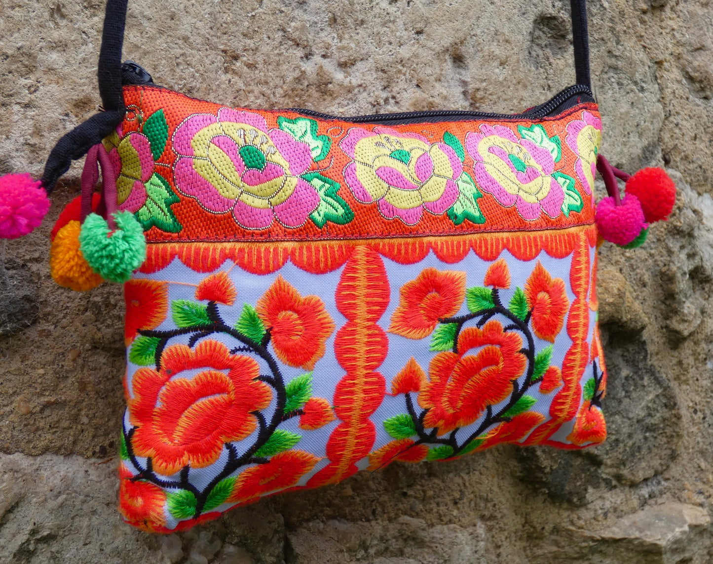 Orange Floral Hmong Embroidered Small Crossbody Bag