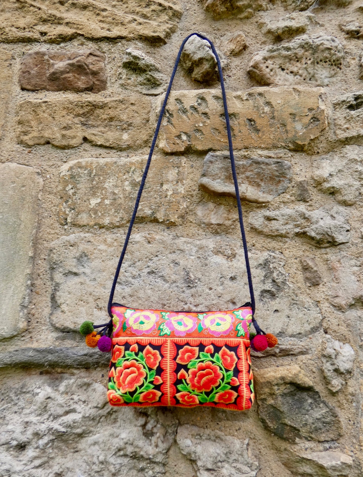 Orange Floral Embroidered Small Crossbody Thai Bag