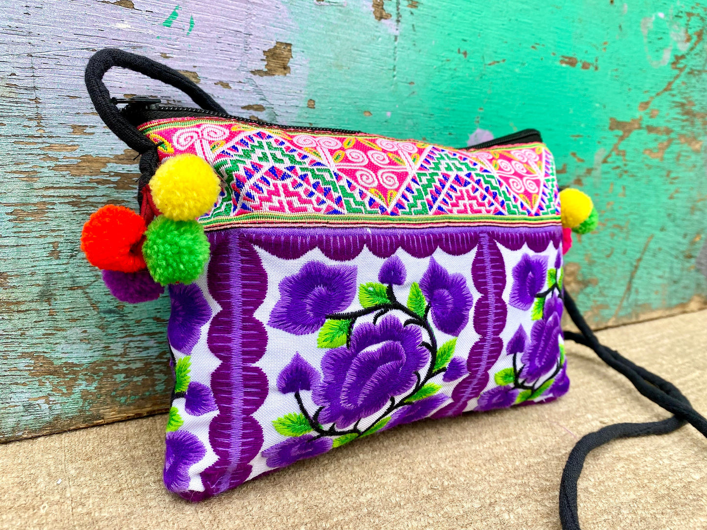 Purple Floral Hmong Embroidered Small Crossbody Bag