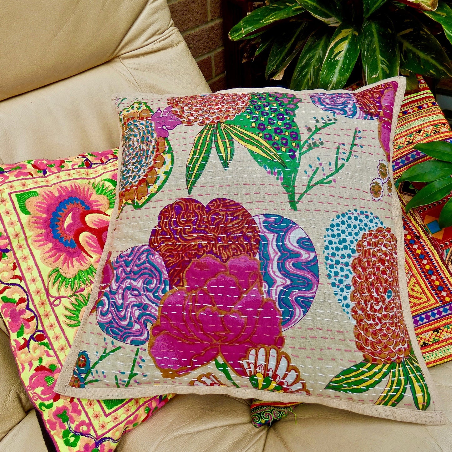 Beige Floral Kantha Cushion Cover