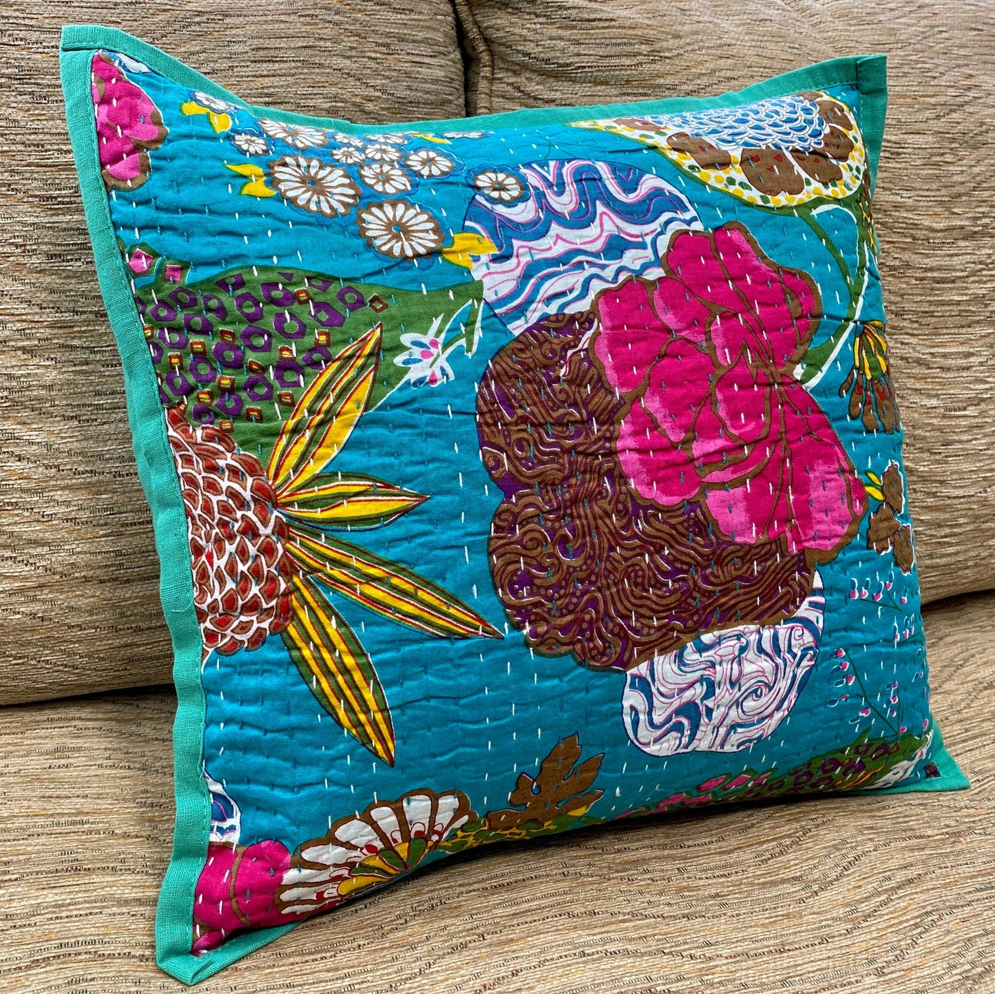 Turquoise Floral Kantha Cushion Cover