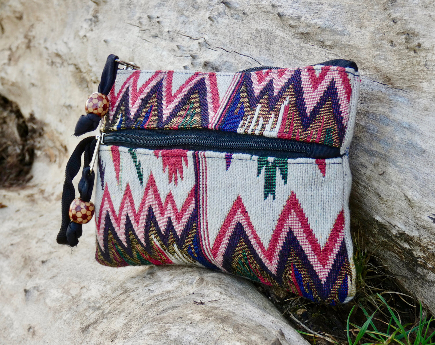 Red and Beige Jacquard Woven Cotton Wristlet Purse Bag