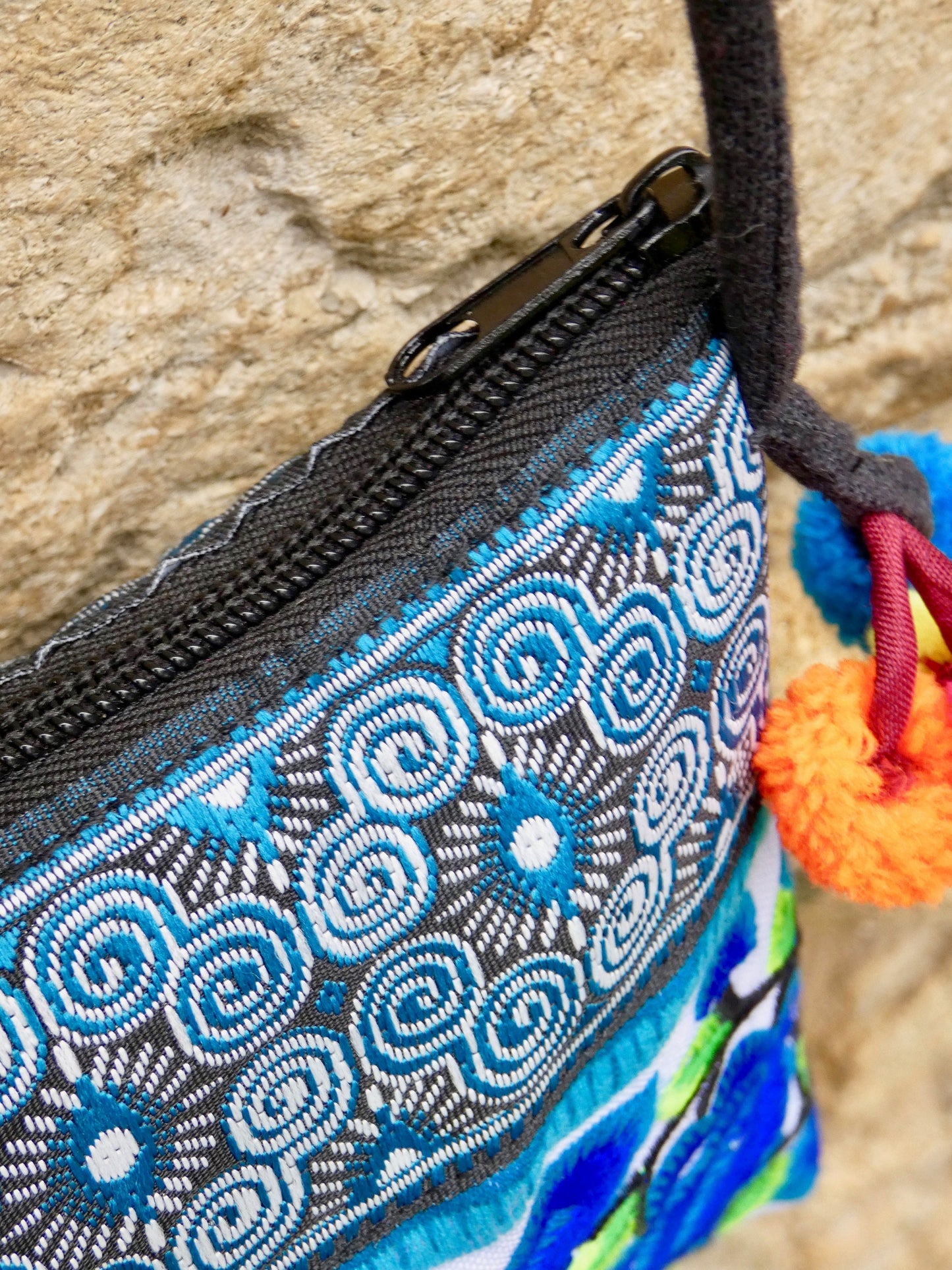 Blue Floral Embroidered Small Crossbody Thai Bag