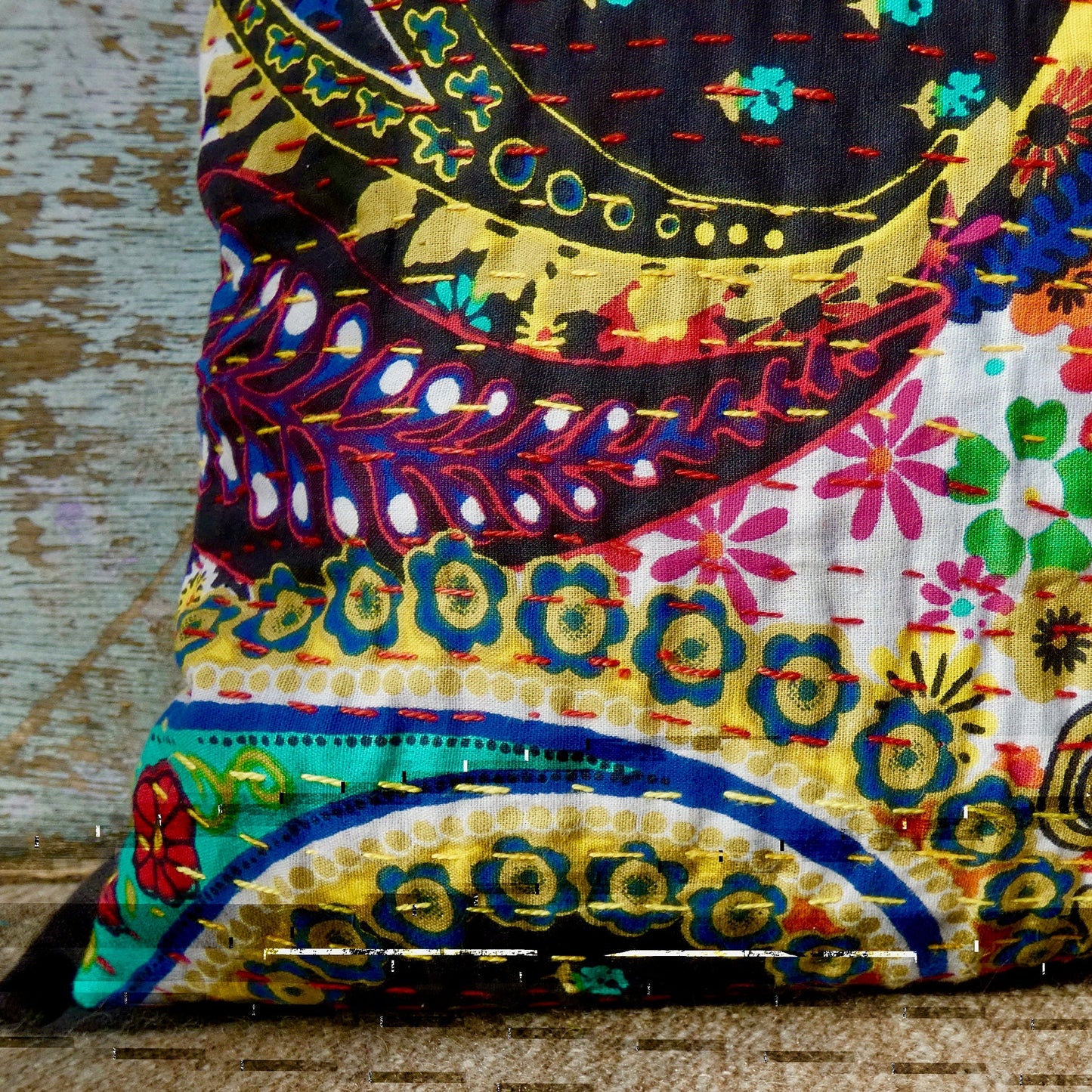 Black and Bright Paisley Kantha Cushion Cover