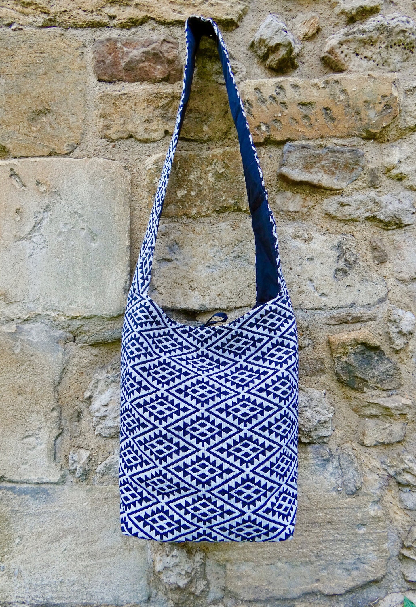 Blue Geometric Woven Cotton Bucket Bag