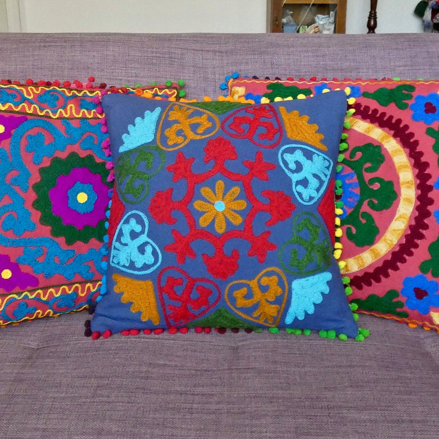Blue Suzani Embroidered Pom Pom Cushion Cover