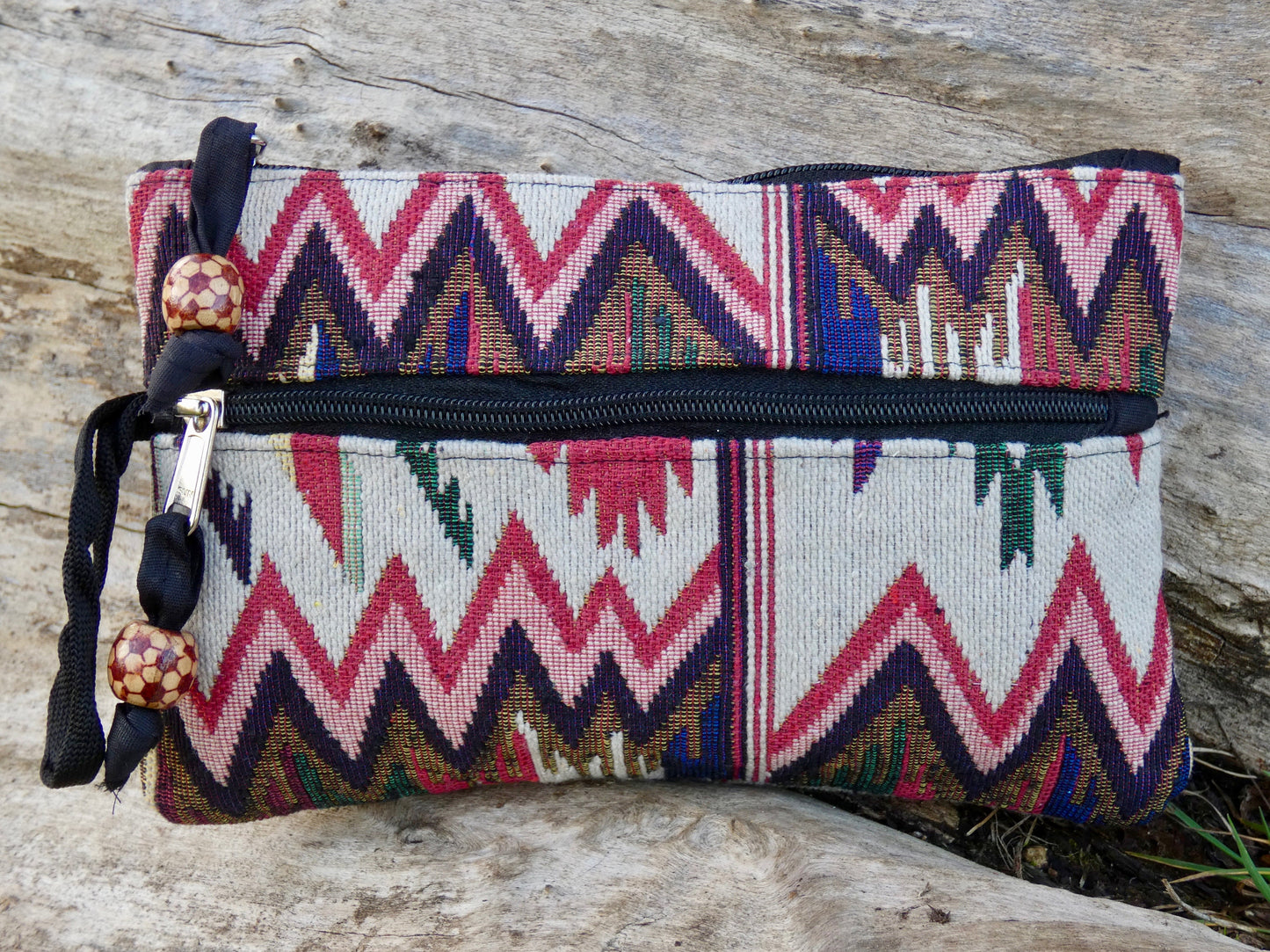 Red and Beige Jacquard Woven Cotton Wristlet Purse Bag