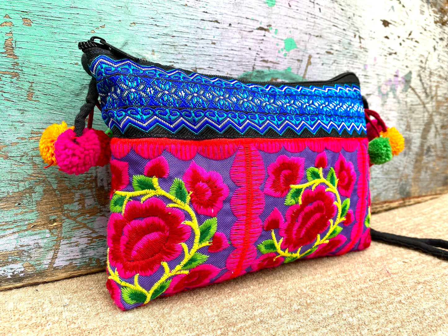Pink Floral Hmong Embroidered Small Crossbody Bag