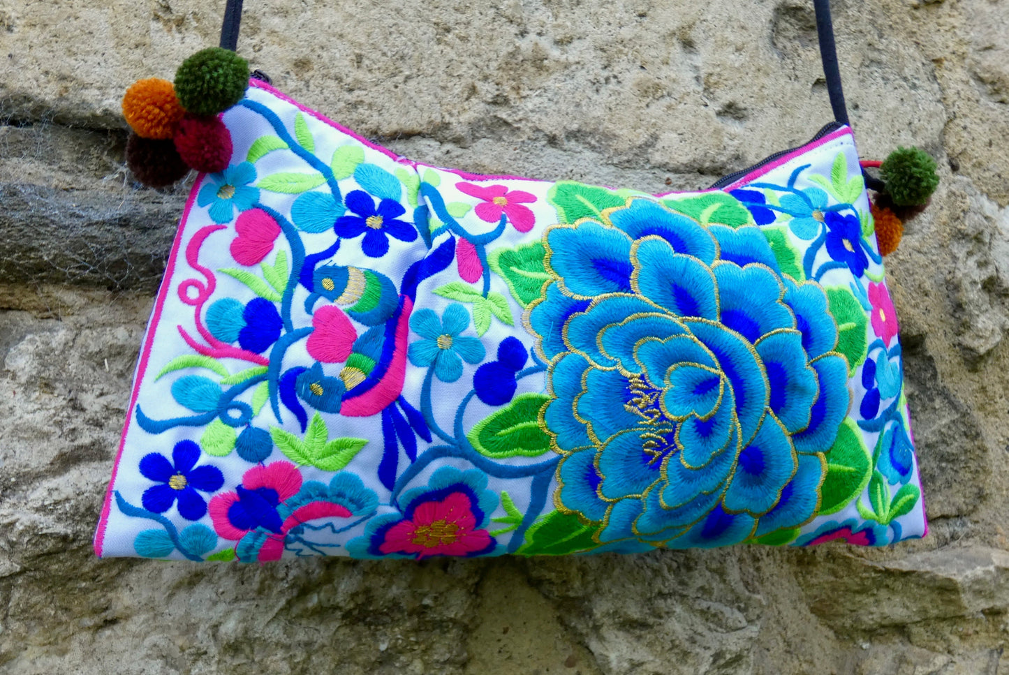Blue Floral Embroidered Crossbody Thai Sling Bag