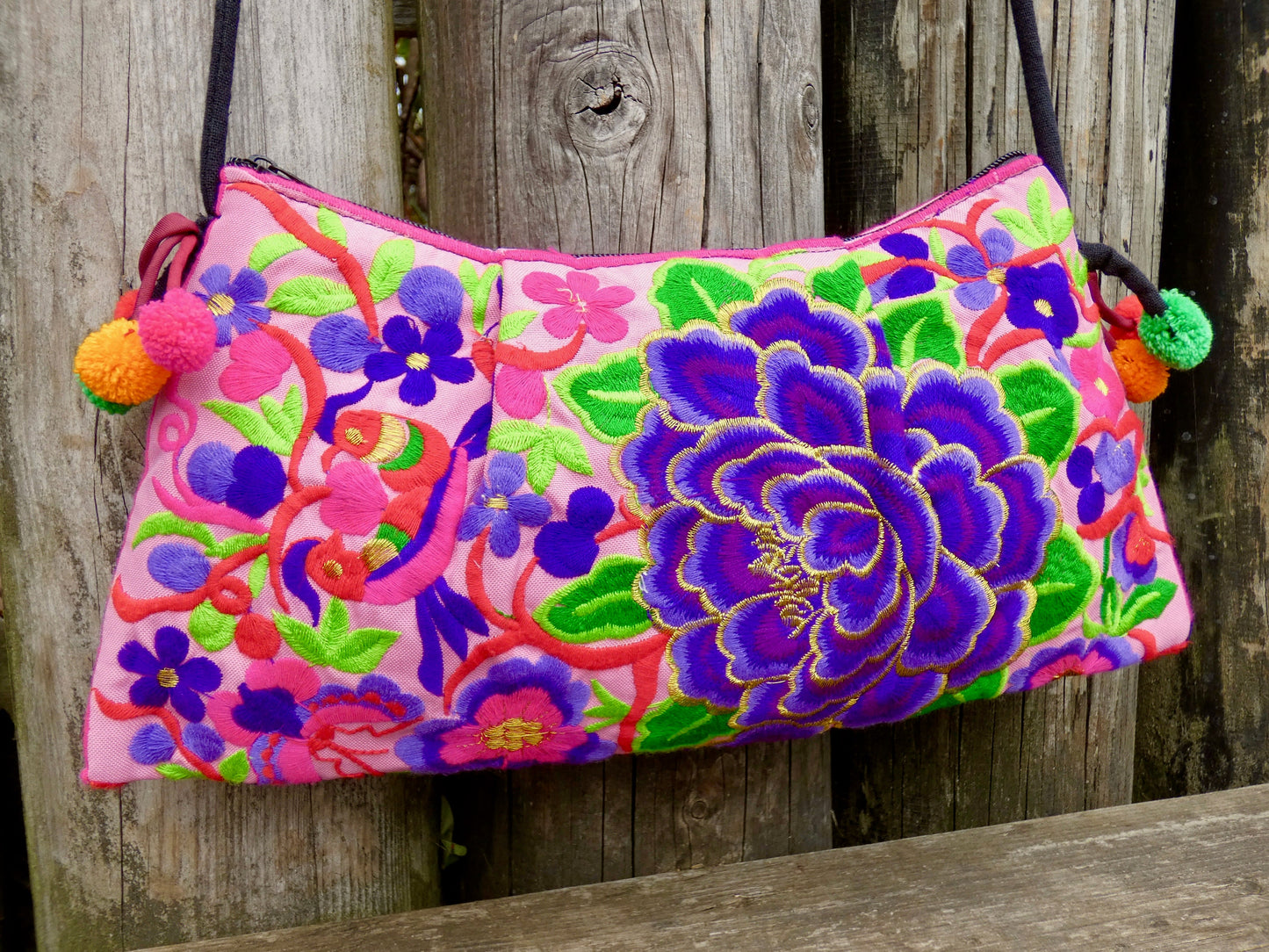 Purple Floral Embroidered Crossbody Thai Sling Bag