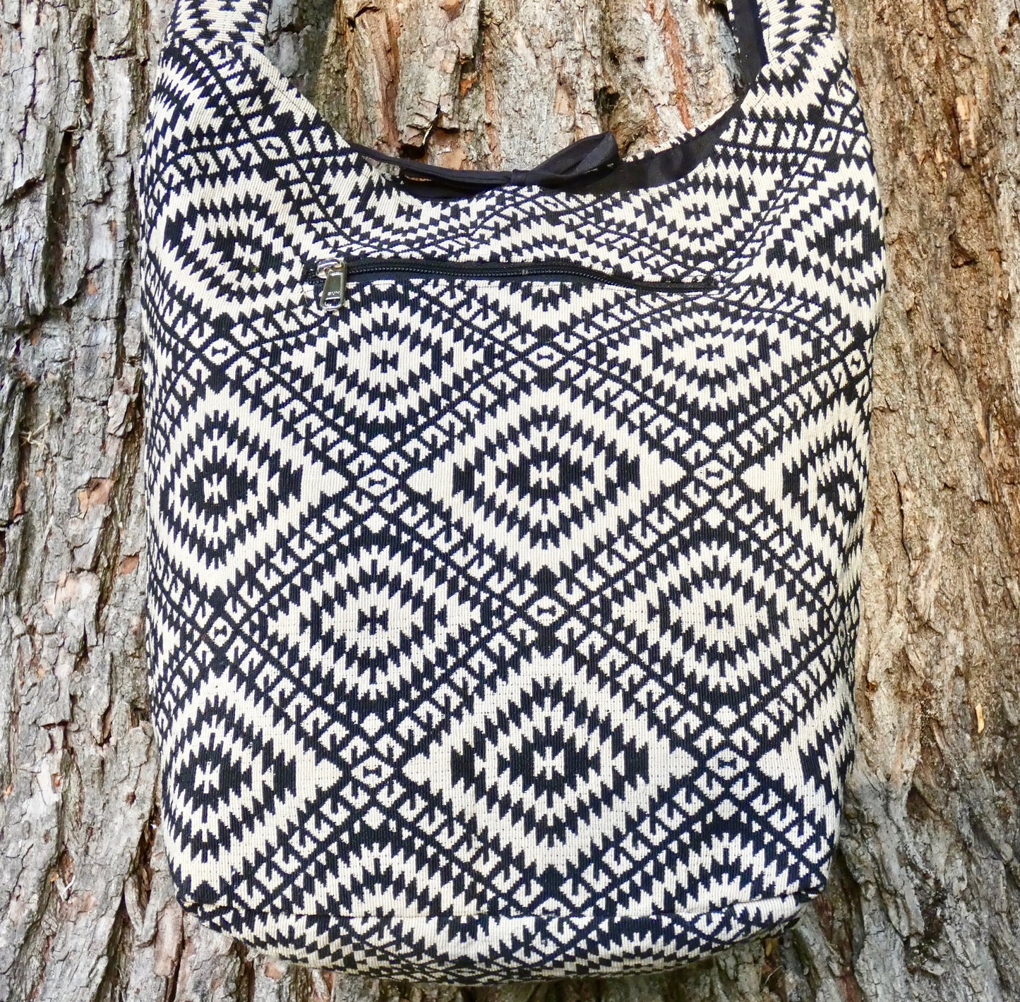 Black Geometric Woven Cotton Bucket Bag