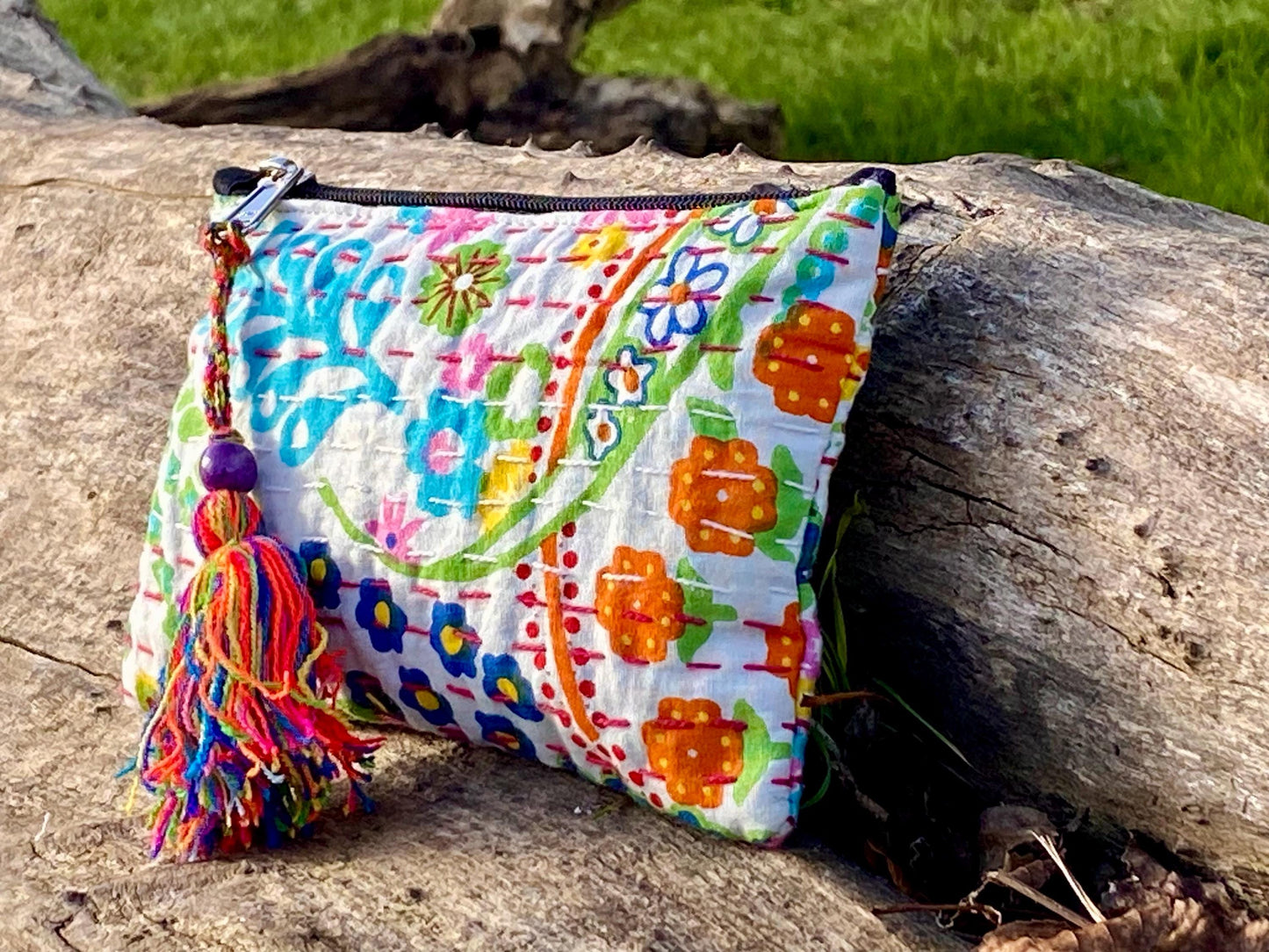 Handmade Cotton Kantha Purse - White