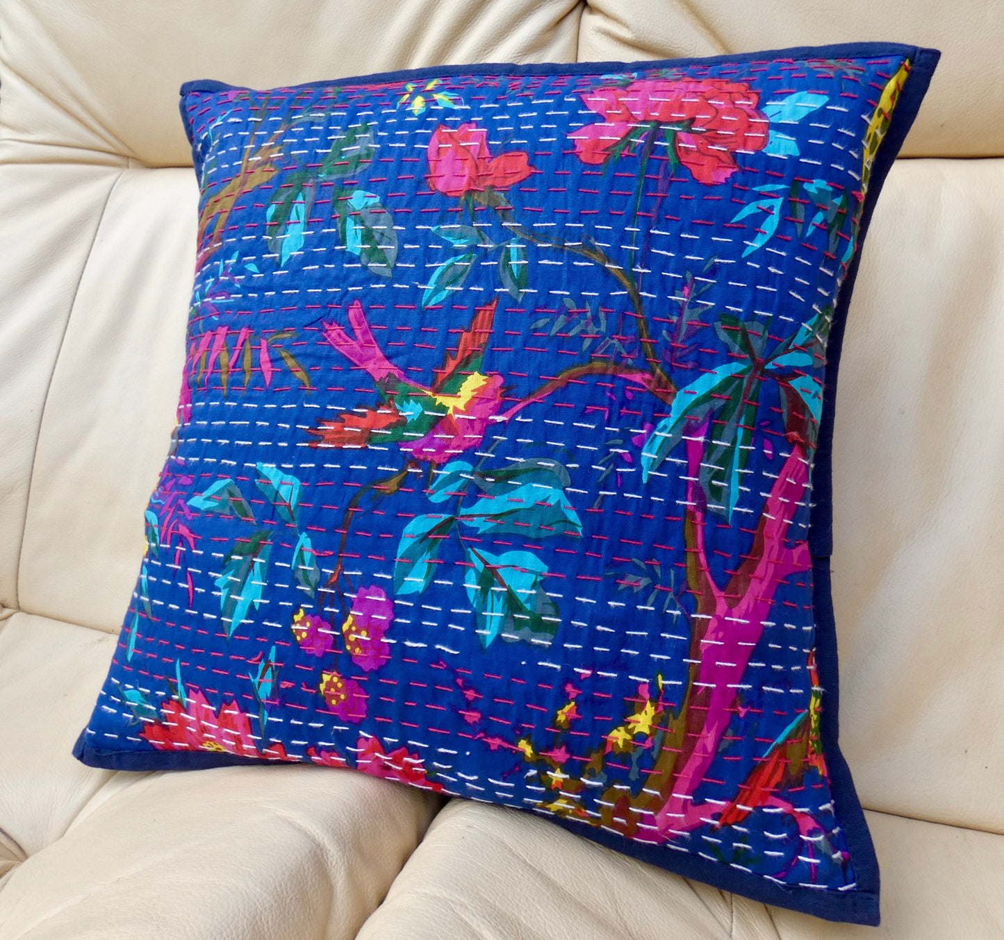 Blue Floral Kantha Cushion Cover