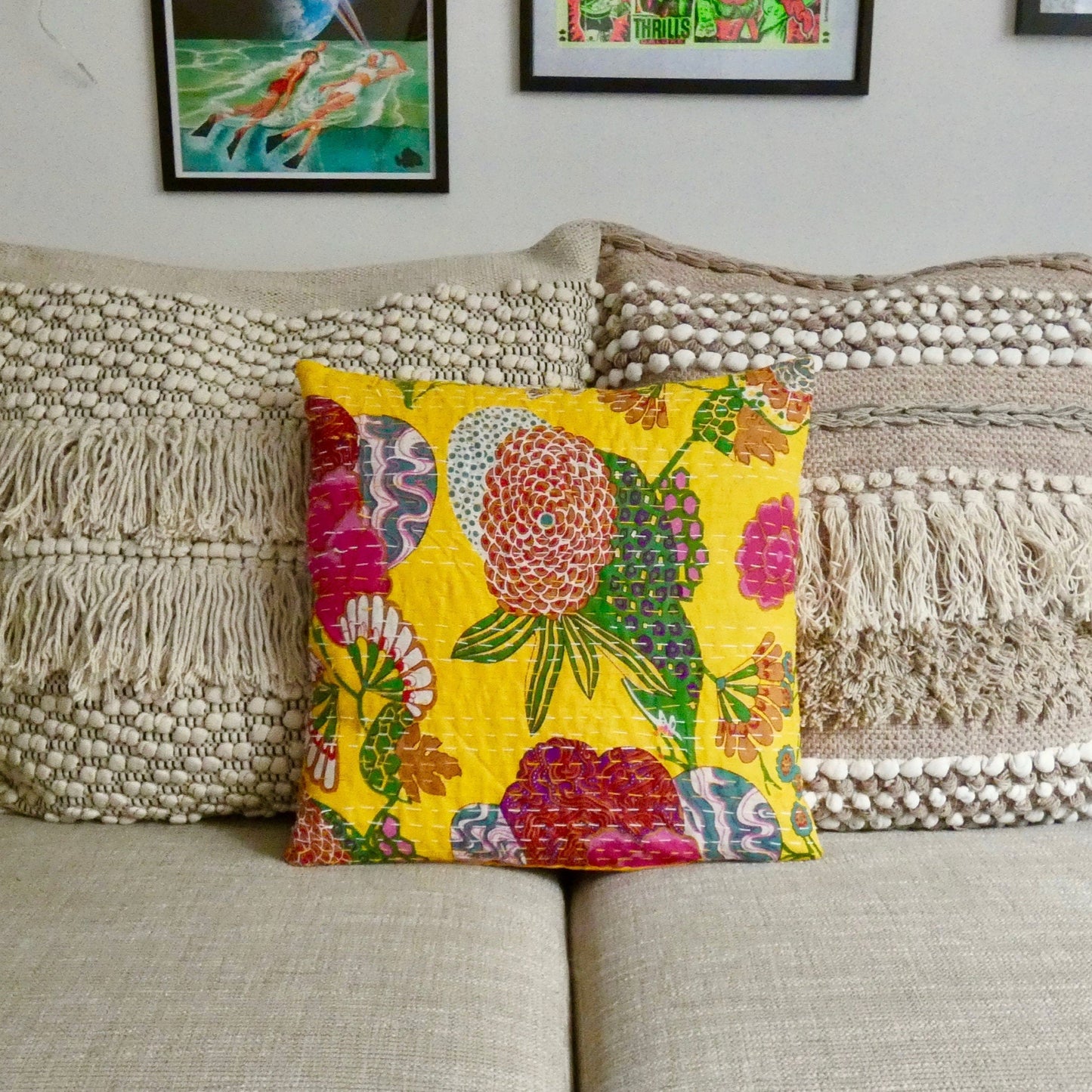 Yellow Floral Kantha Cushion Cover