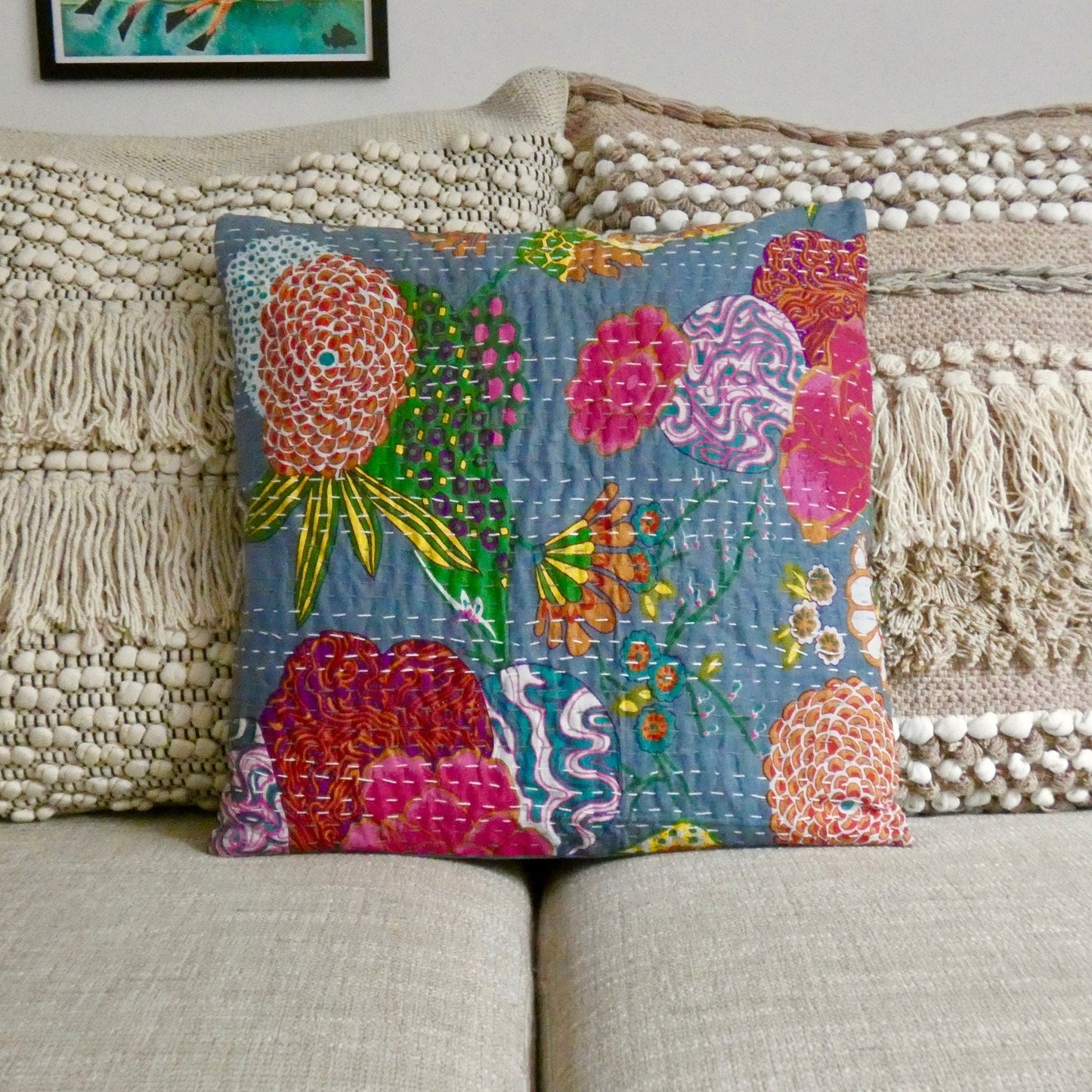 Grey Floral Kantha Cushion Cover