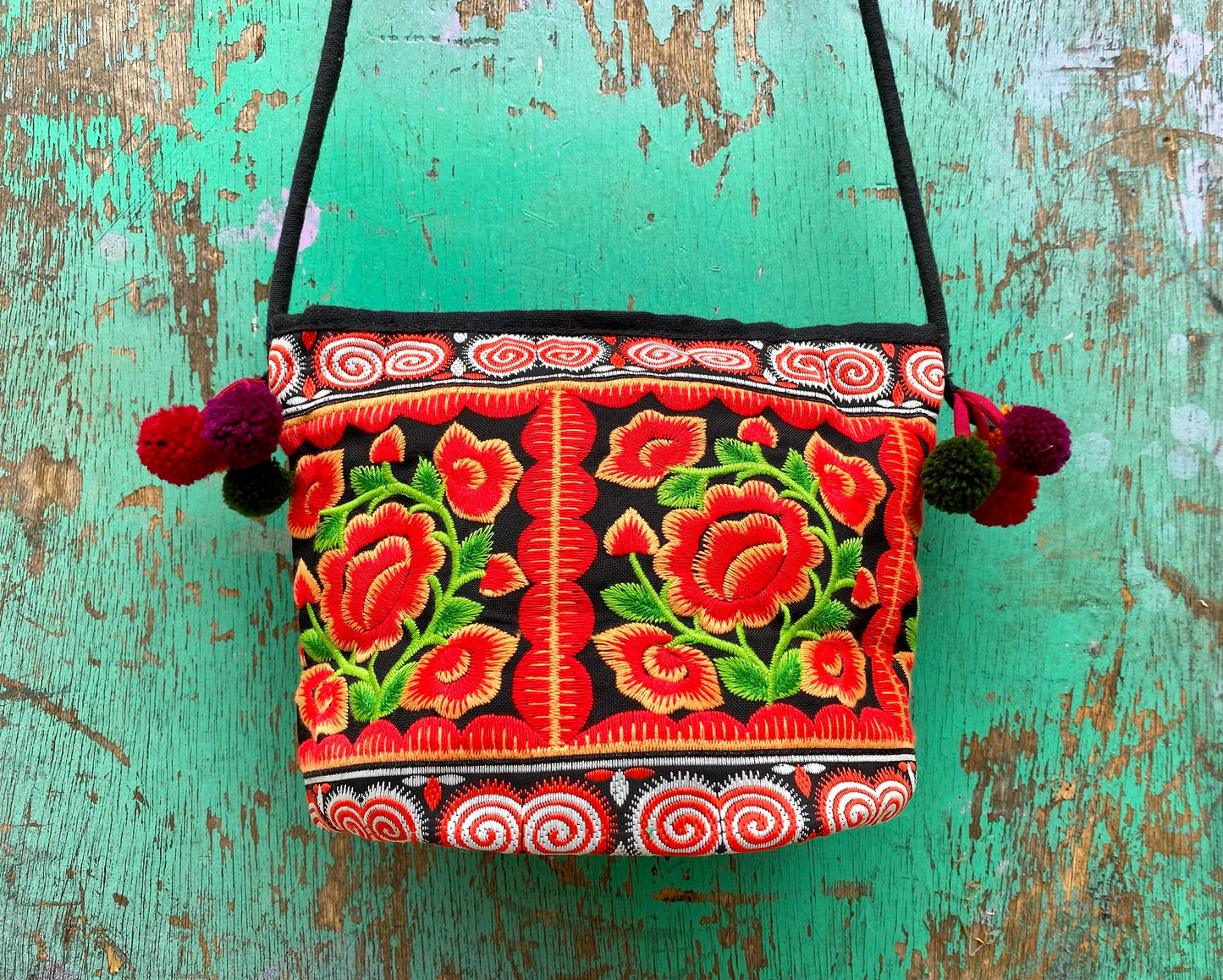 Red Floral Embroidered Thai Crossbody Bag